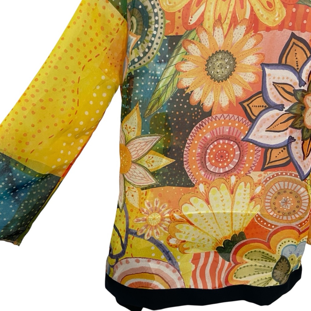 Desigual sheer festive top 3/4 sleeves floral Pom Pom V neckline orange yellow - Picture 6 of 16